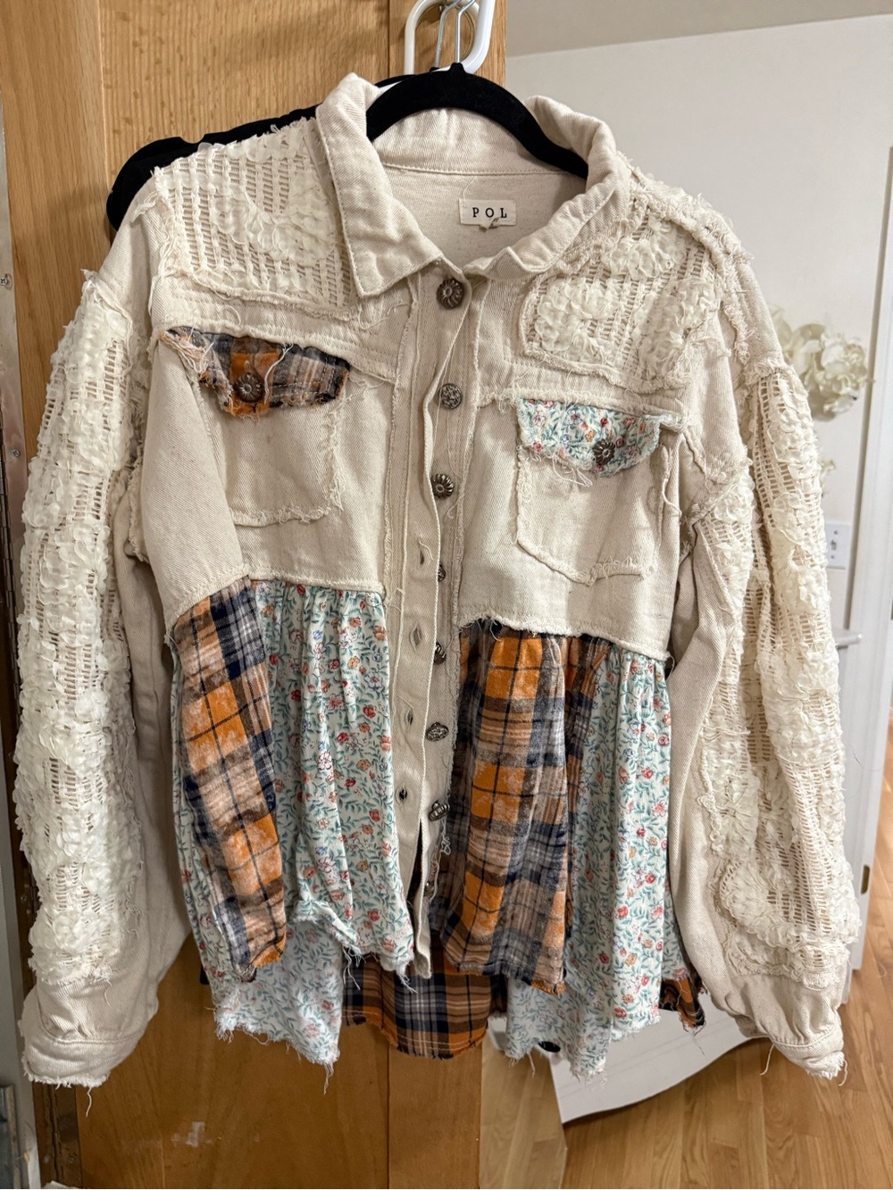 POL Cream Patchwork Jean Jacket with Orange Plaid & Floral Panels